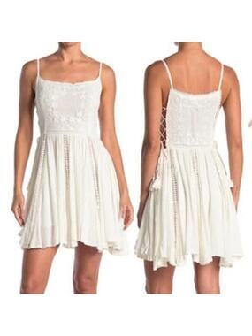 RAGA Embroidered Lace Up Cut Out Mini Dress in White Size M